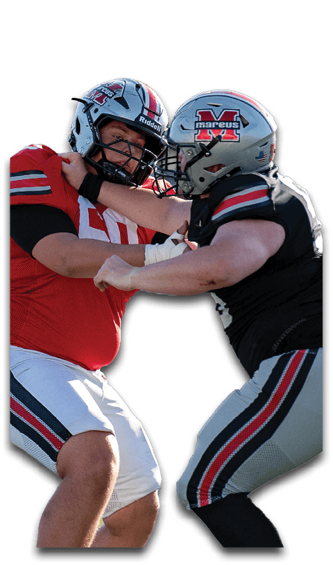 Two people wearing football helmets and uniforms are engaged in a physical struggle on the field. Description generated by AI