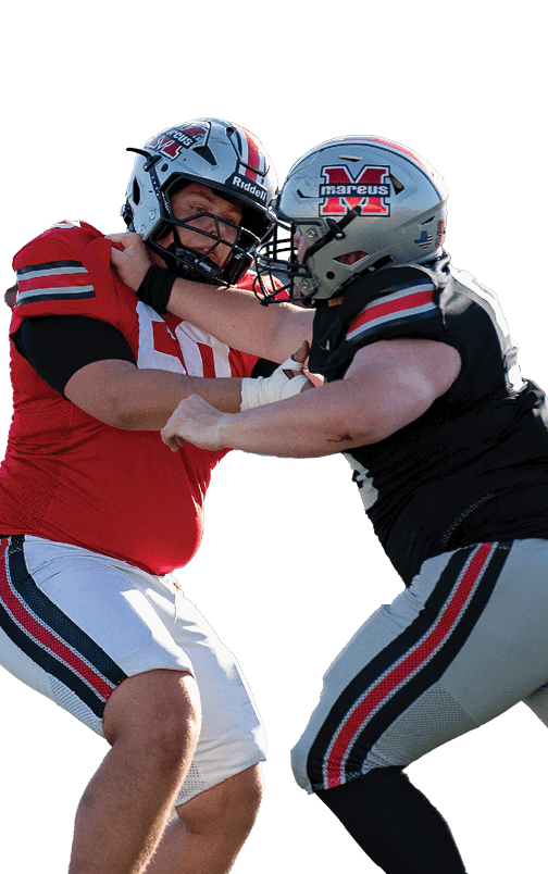 Two people wearing football helmets and uniforms are engaged in a physical block during a game or practice. Description generated by AI