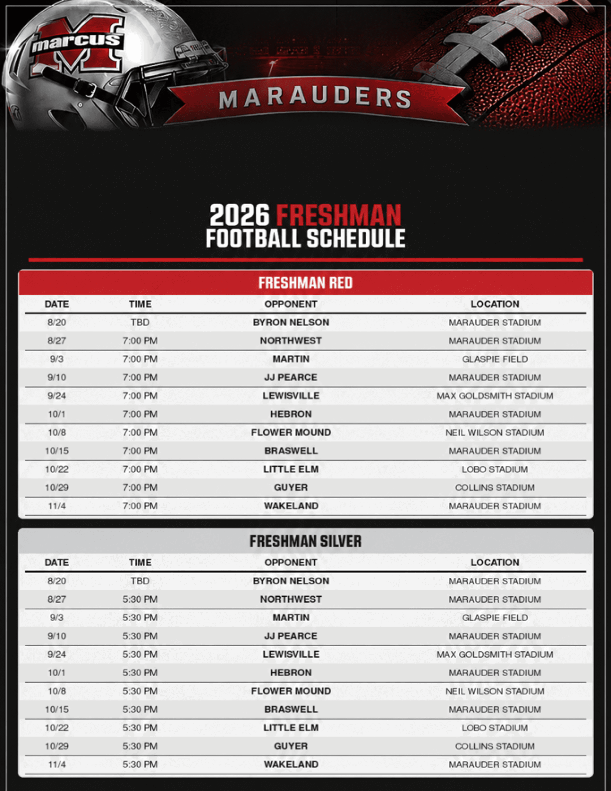 2026 Marcus Marauders football schedule showing dates, times, opponents, and locations for Freshman Red and Freshman Silver teams with a football and helmet graphic at the top. Description generated by AI