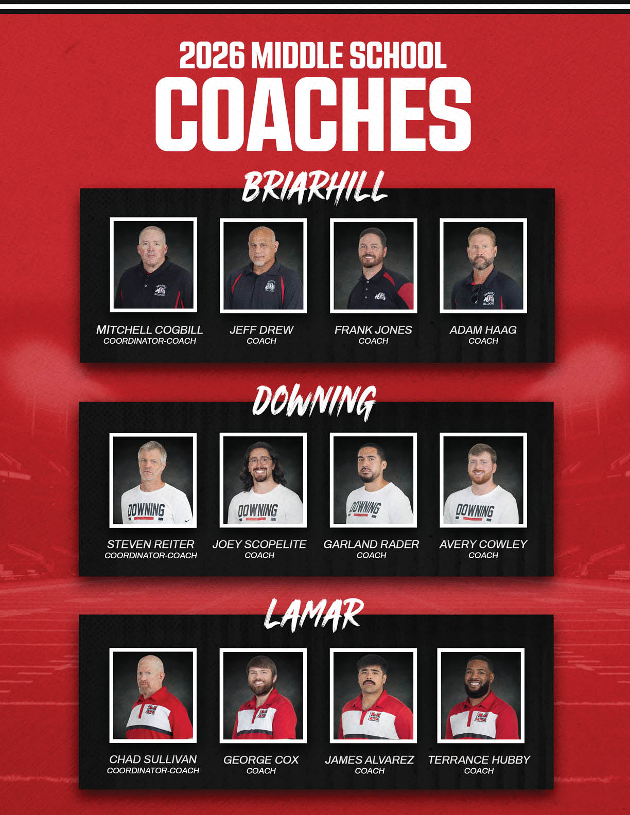 The image displays the 2026 middle school coaches for Briarhill, Downing, and Lamar with headshots of adults wearing team apparel and their names and coaching titles below each photo. Description generated by AI