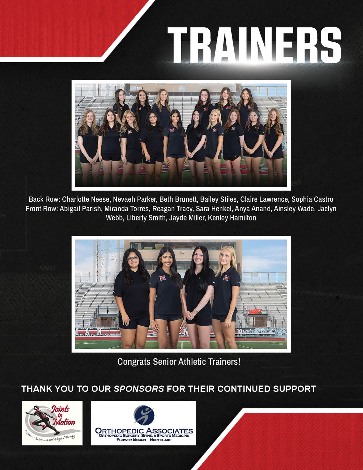A collage features individual portraits and group photos of athletic trainers wearing black shirts with a red and black background and text labeling them as athletic trainers along with sponsor logos at the bottom. Description generated by AI