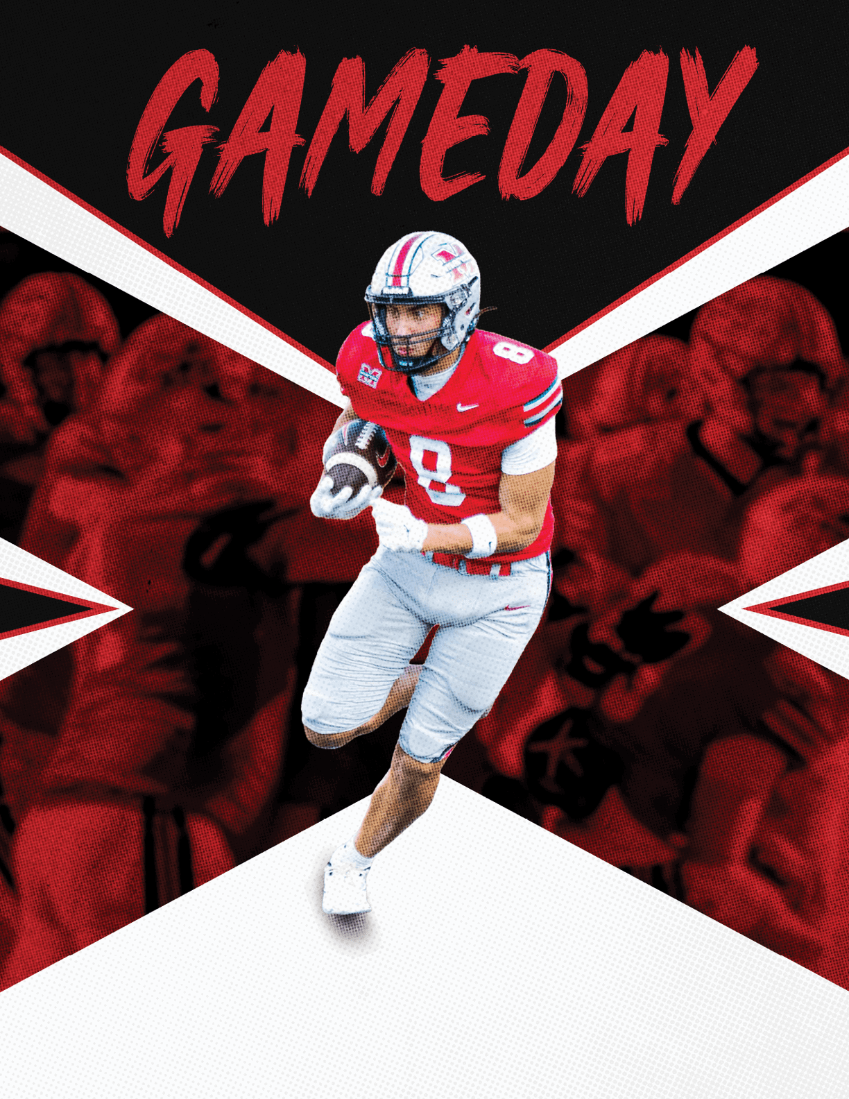 A person in a red sports jersey and white pants is running with a football against a dynamic background with the word GAMEDAY in bold red letters at the top. Description generated by AI