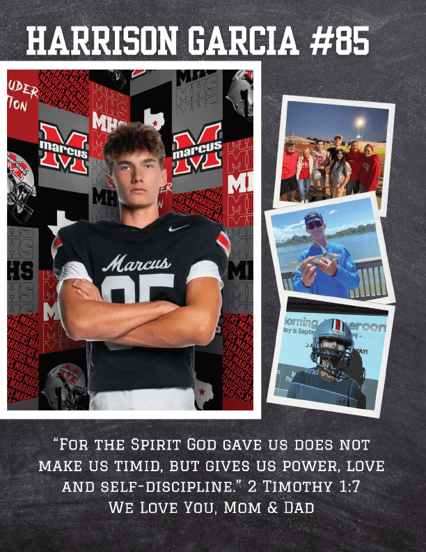 A person wearing a black sports jersey with the number 85 stands with arms crossed against a background featuring the word Marcus and a large letter M, accompanied by three smaller photos of groups and individuals, and a motivational quote from 2 Timothy 1:7 expressing love from parents. Description generated by AI