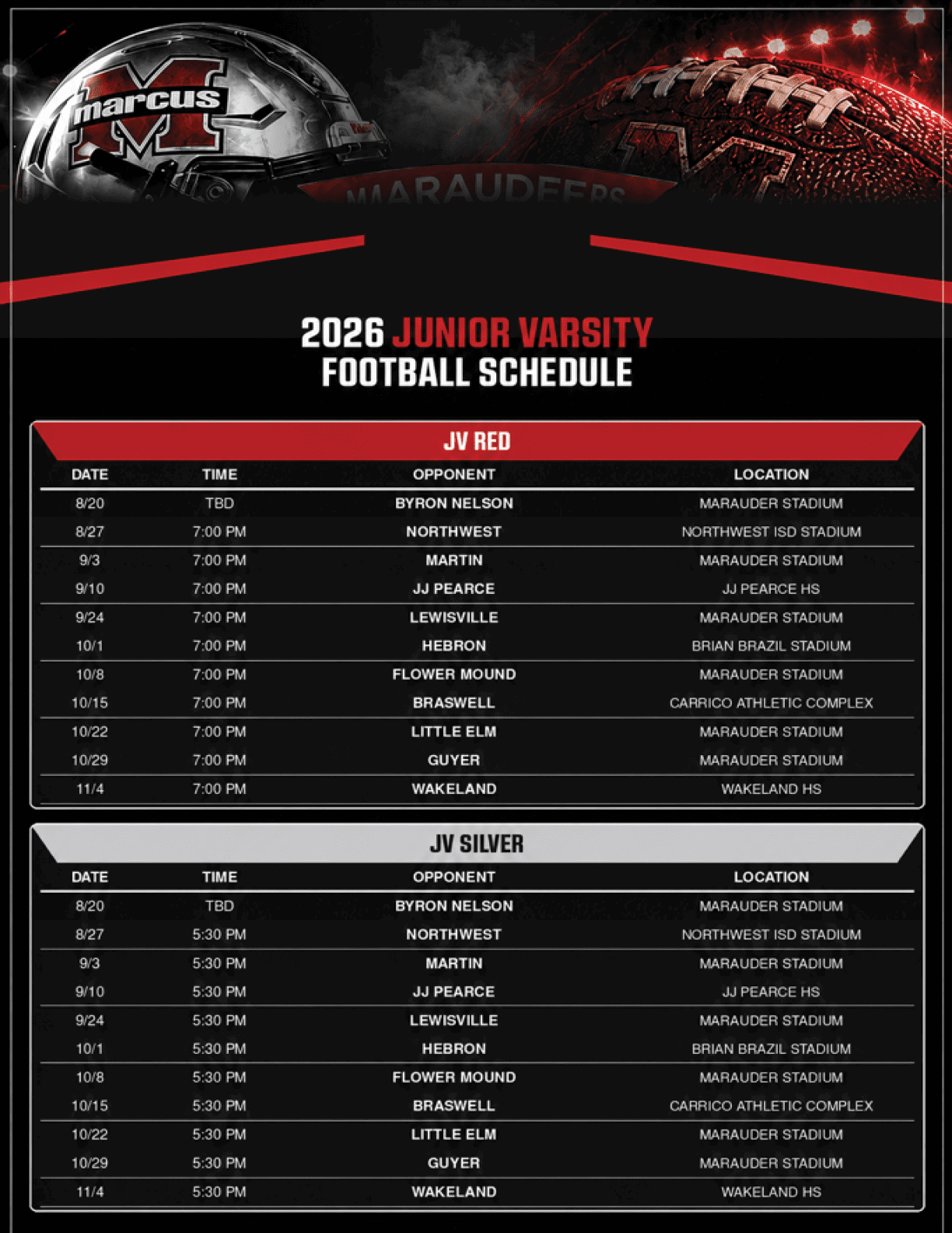 The 2026 junior varsity football schedule for Marcus Marauders is displayed with separate sections for JV Red and JV Silver teams, listing dates, times, opponents, and locations against a background featuring a football helmet and ball. Description generated by AI