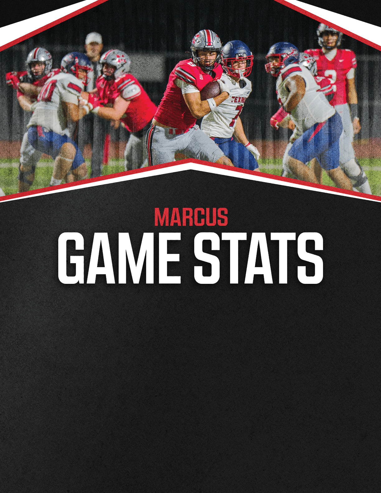 A group of people in football uniforms are playing on a field with one person in a red jersey running with the ball while others in white and blue jerseys attempt to block or tackle, with the text “Marcus Game Stats" below the action scene. Description generated by AI