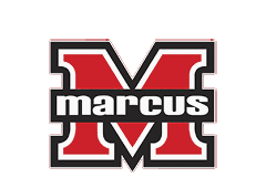 A bold red letter M outlined in black and white with the word “marcus" in lowercase white letters on a black rectangular background across the middle. Description generated by AI