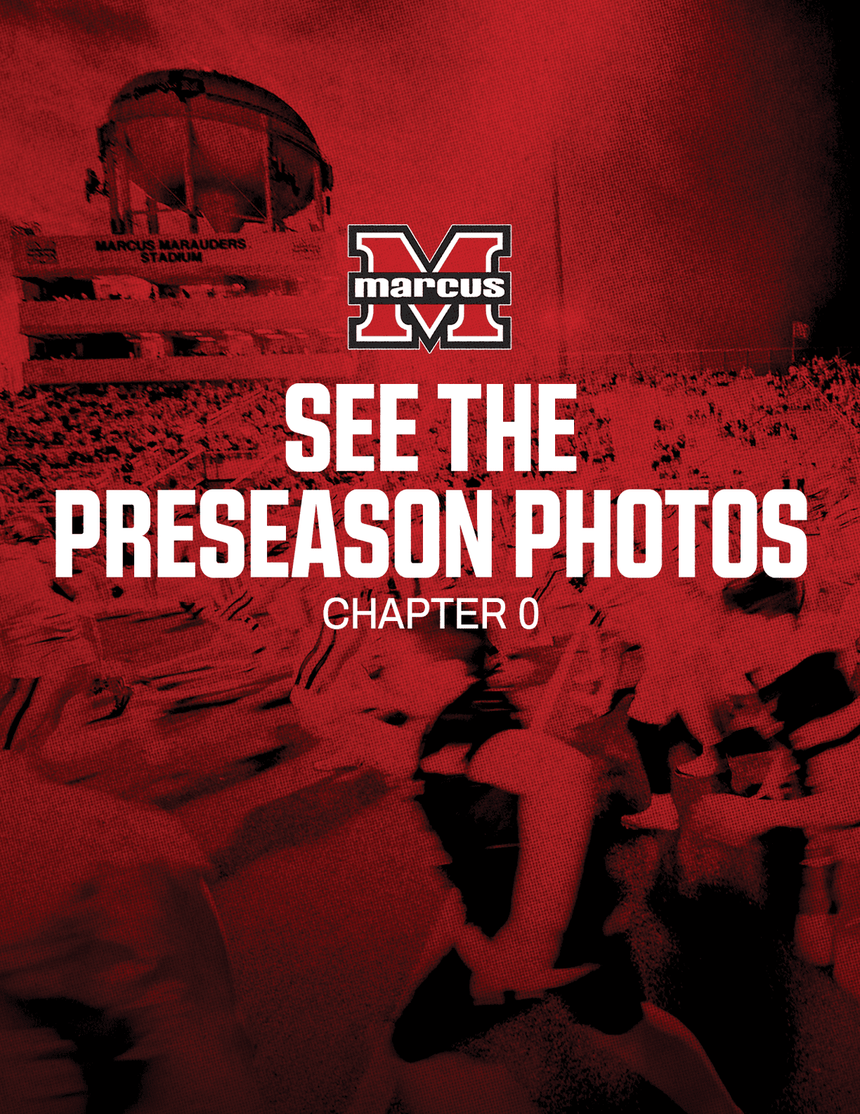 A red-tinted photo shows a football stadium with players on the field and text promoting preseason photos for Marcus with a large M logo. Description generated by AI