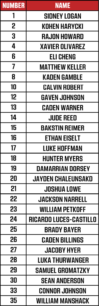 A table with two columns labeled Number and Name, listing various names paired with numbers in a simple black and red design. Description generated by AI
