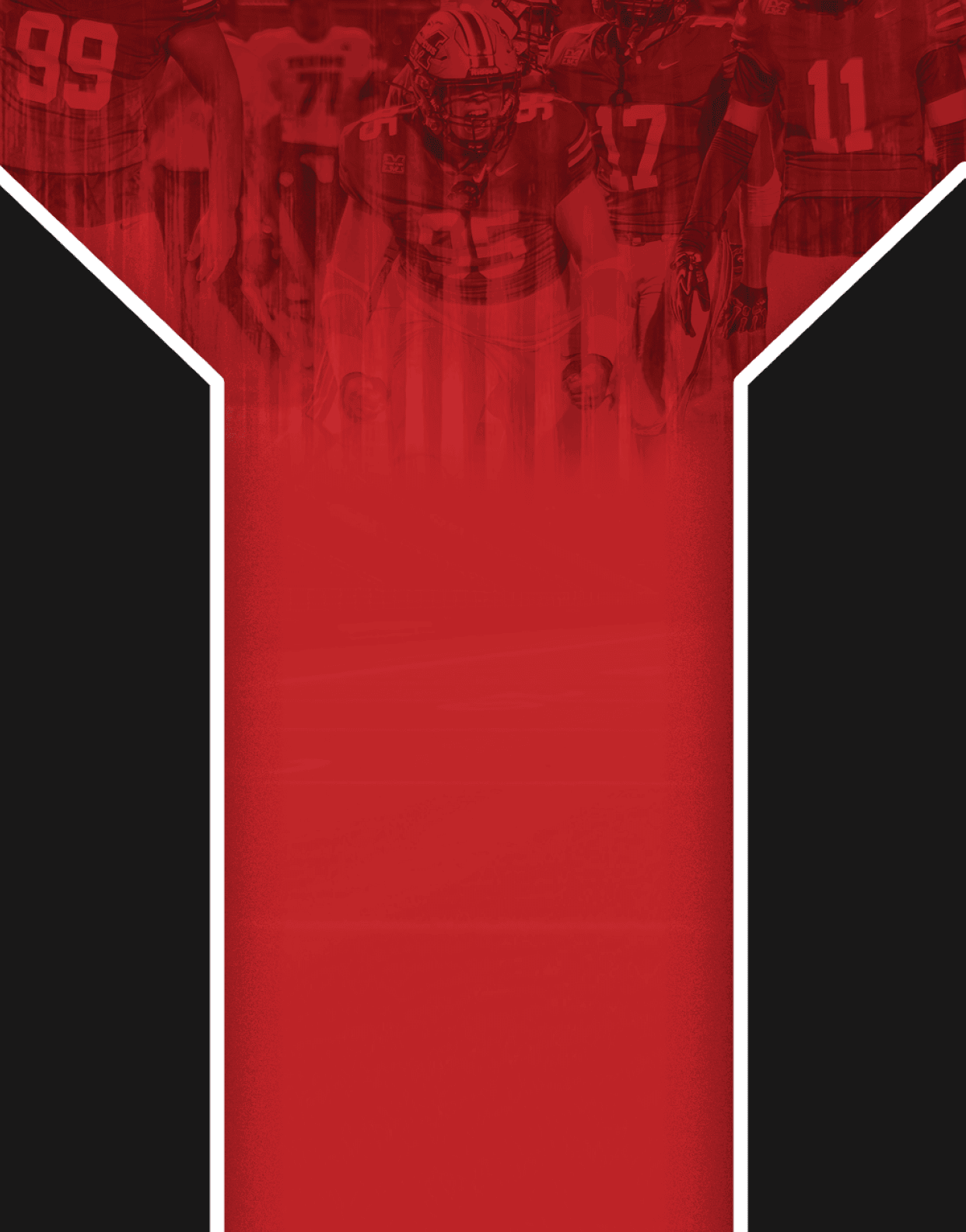 A group of people wearing sports uniforms is standing together with one person in the center appearing to be preparing for an activity, all shown with a red overlay and black and white geometric shapes framing the scene. Description generated by AI