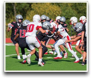 Three football players are standing on the field, one of them is smiling and wearing a black jersey with the number 55. AI generated content