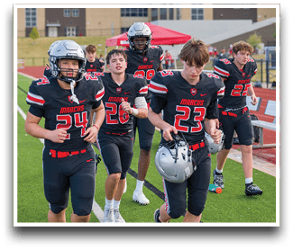 Three football players are standing on the field, one of them is smiling and wearing a black jersey with the number 55. AI generated content