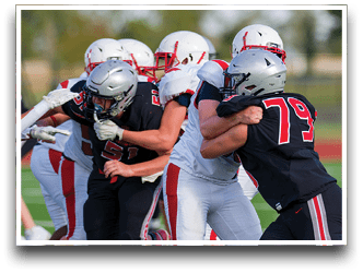 Three football players are standing on the field, one of them is smiling and wearing a black jersey with the number 55. AI generated content