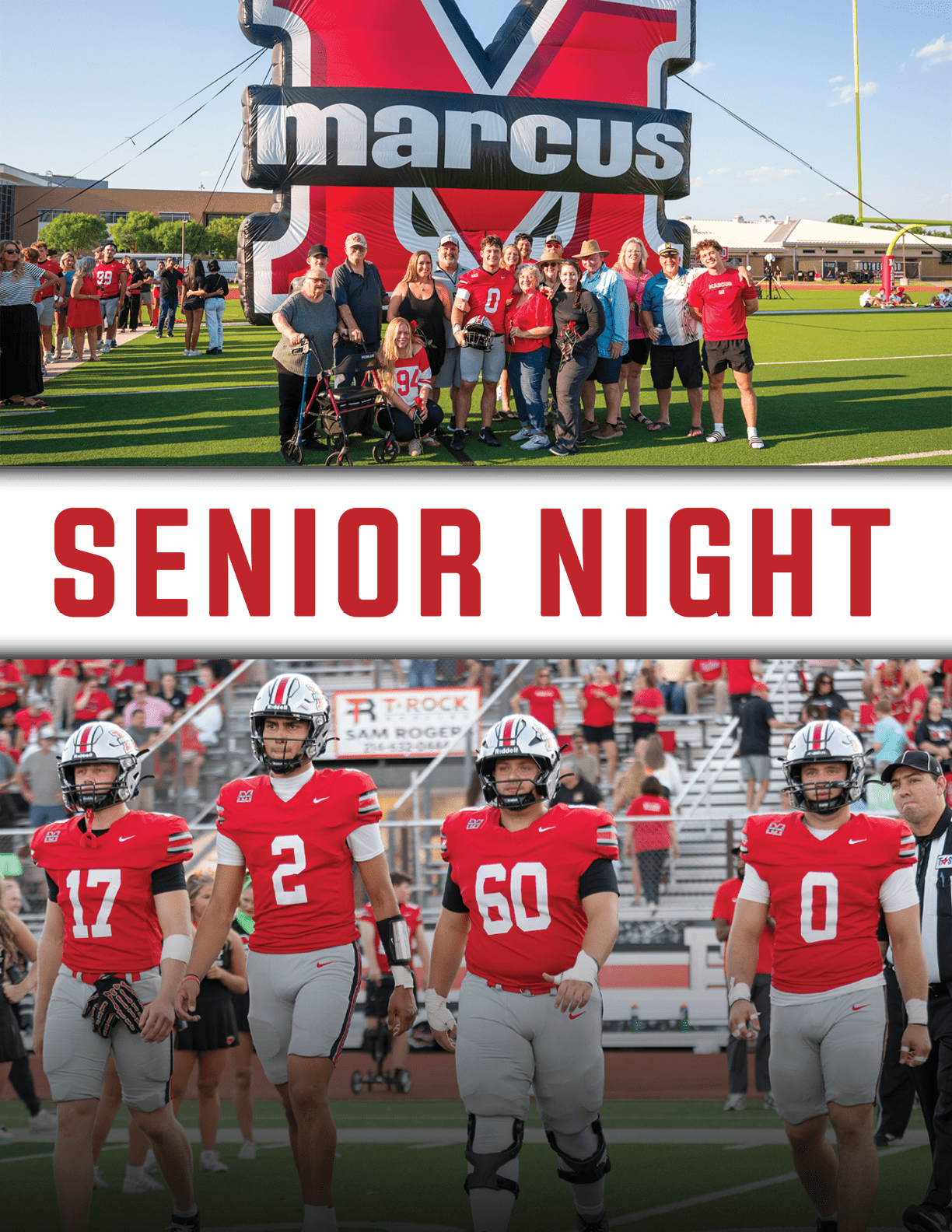 A group of people stands on a football field in front of a large inflatable with the word “marcus," above the text "SENIOR NIGHT," four athletes in red and white football uniforms stand side by side on the field. Description generated by AI
