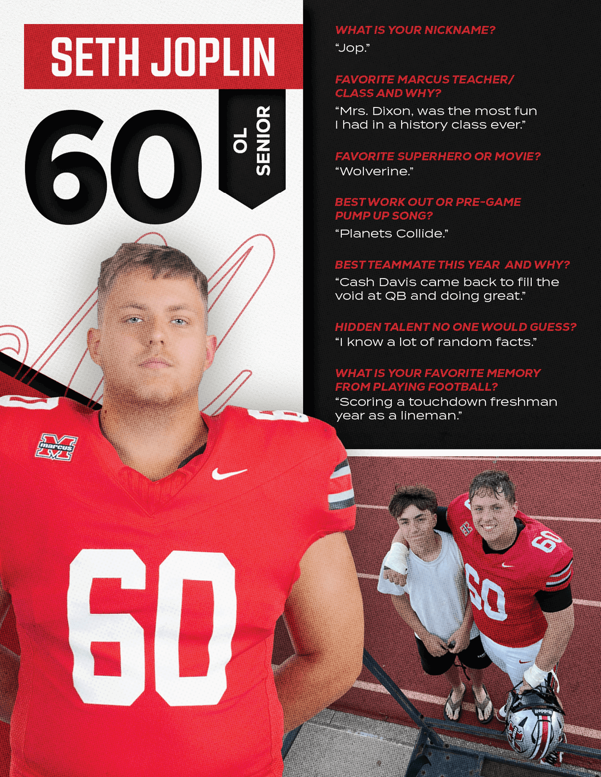 A person wearing a red football jersey with the number 60 stands next to a smaller person holding a hockey stick on a sports field, accompanied by text with personal and sports-related information. Description generated by AI