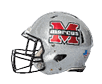 A silver football helmet with a black faceguard features a large red and white letter M with the word marcus across it and a small American flag decal on the back. Description generated by AI