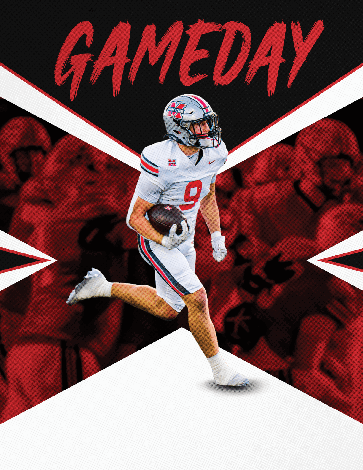 A person in a white football uniform with the number nine is running with a football against a red and black background with the word GAMEDAY in bold red letters at the top. Description generated by AI