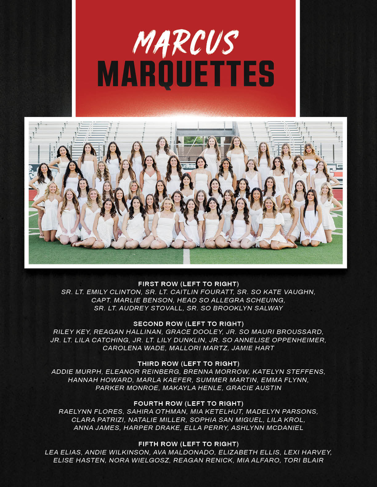 A large group of people dressed in white dresses are posing together on a sports field with bleachers in the background. Description generated by AI