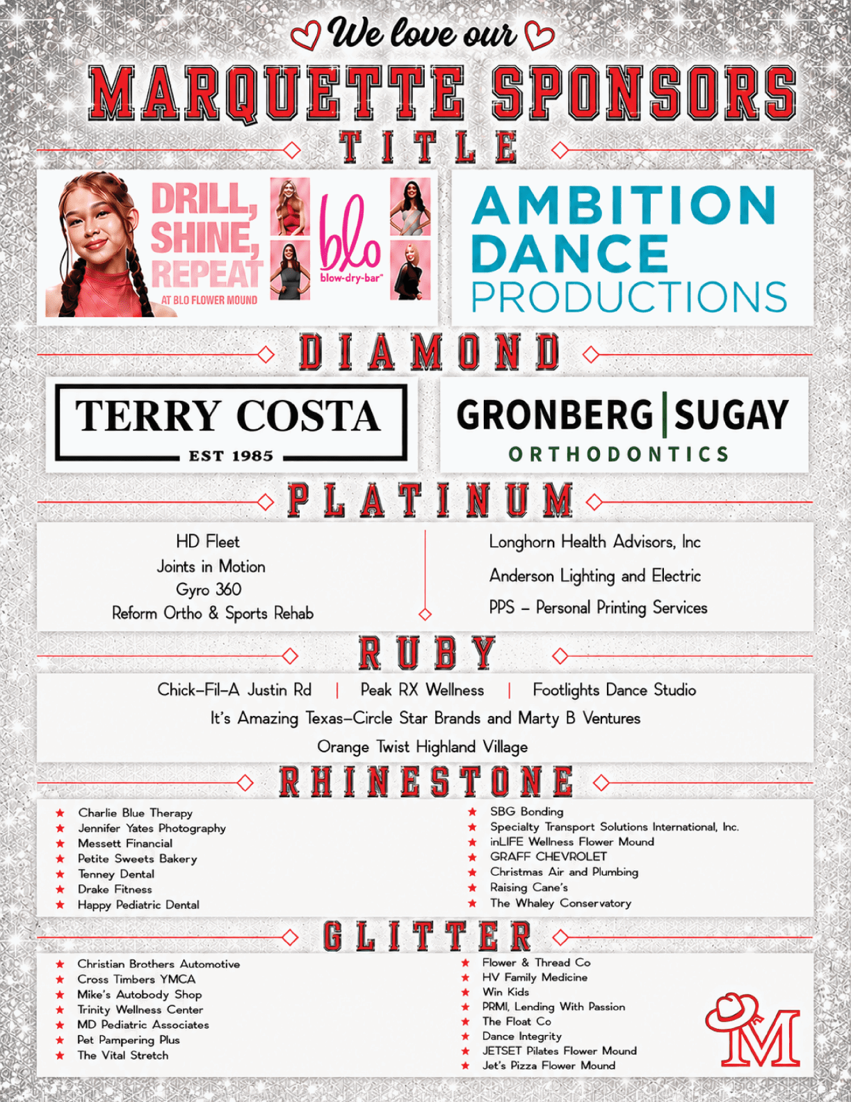 A decorative sponsor recognition poster features various business logos and names organized by sponsorship levels including Title, Diamond, Platinum, Ruby, Rhinestone, and Glitter with a festive sparkling background. Description generated by AI