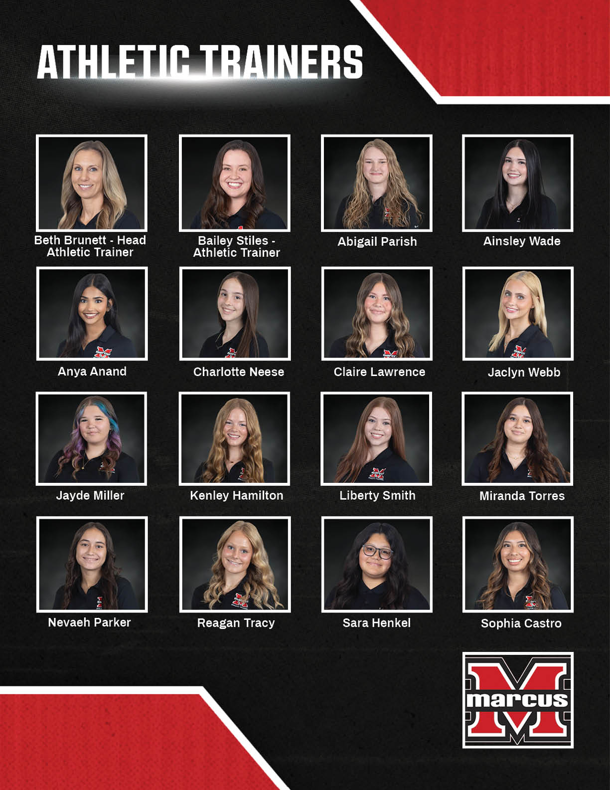 Four adults with different hairstyles wearing black shirts are shown in a professional layout with titles indicating roles as athletic trainers. Description generated by AI