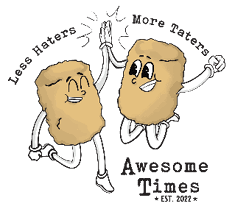 Two animated rectangular characters with arms and legs are happily high-fiving each other with the text “Less Haters More Haters" above and "Awesome Times EST. 2022" below. Description generated by AI