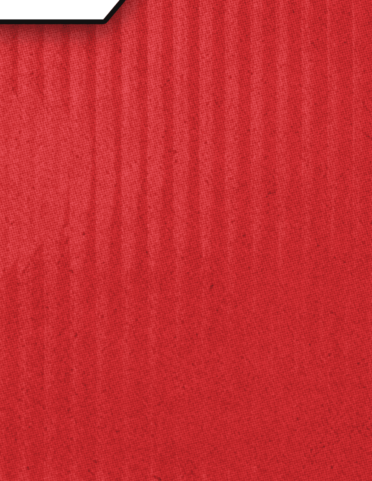 A close-up view of a red textured fabric with subtle vertical lines and small dark specks. Description generated by AI