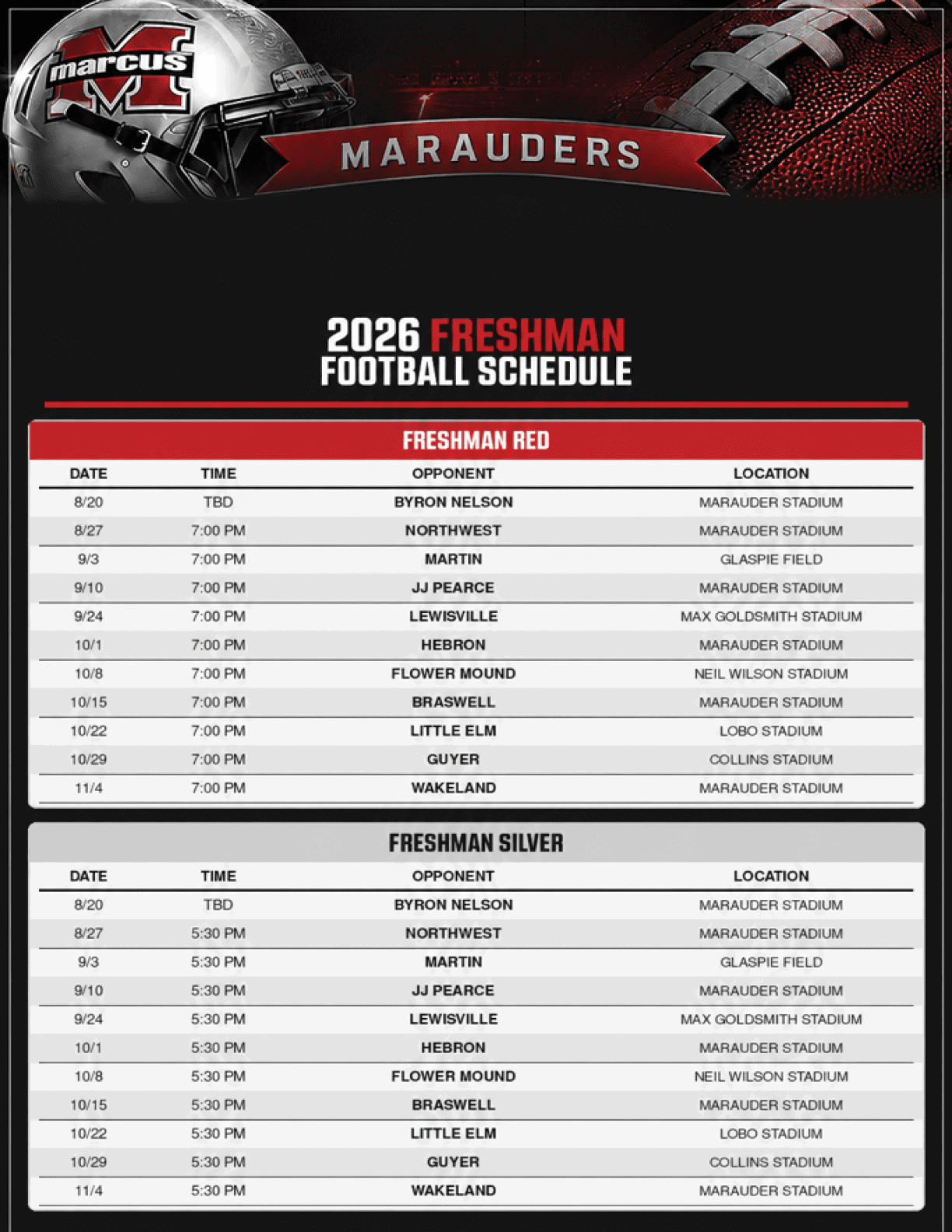 2026 Marcus Marauders football schedule showing dates, times, opponents, and locations for Freshman Red and Freshman Silver teams with a football and helmet graphic at the top. Description generated by AI