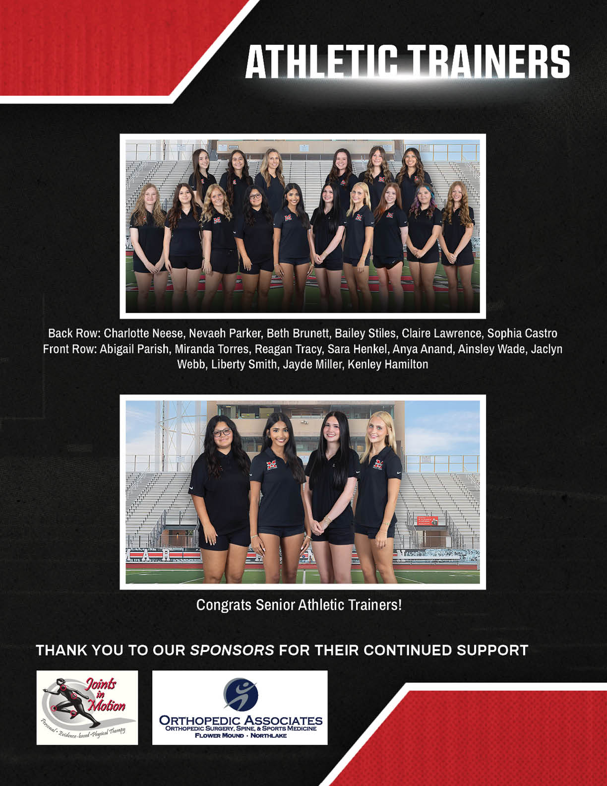 A group of nine people wearing black polo shirts and shorts are standing and sitting on a sports field with bleachers in the background under the heading “Athletic Trainers." Description generated by AI