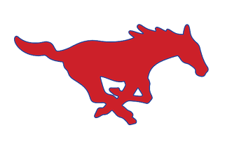 A red silhouette of a running horse with a blue outline. Description generated by AI