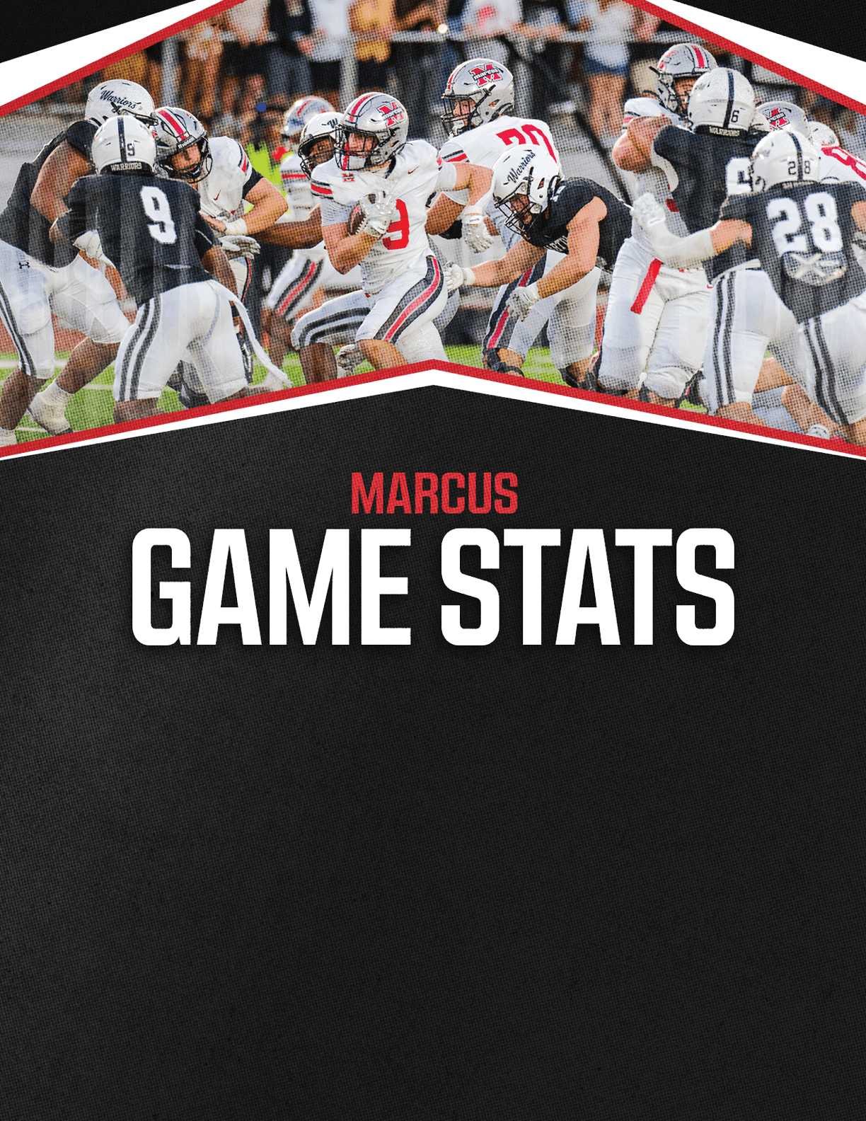 A group of people wearing football uniforms are engaged in a game on a grassy field with the text Marcus Game Stats displayed below the action. Description generated by AI