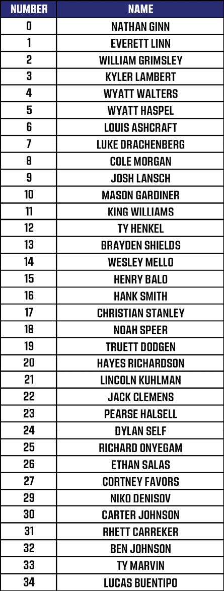 A blue and white table header with the words NUMBER and NAME on a black background. Description generated by AI