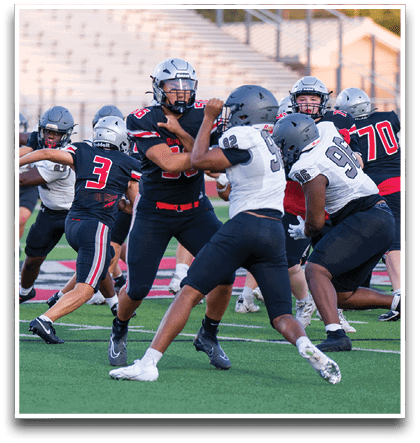 Three football players are standing on the field, one of them is smiling and wearing a black jersey with the number 55. AI generated content
