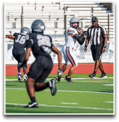 Three football players are standing on the field, one of them is smiling and wearing a black jersey with the number 55. AI generated content