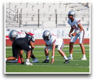 Three football players are standing on the field, one of them is smiling and wearing a black jersey with the number 55. AI generated content