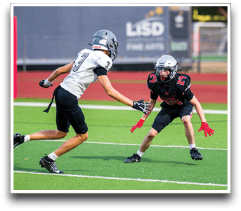 Three football players are standing on the field, one of them is smiling and wearing a black jersey with the number 55. AI generated content