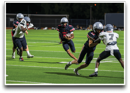 Three football players are standing on the field, one of them is smiling and wearing a black jersey with the number 55. AI generated content