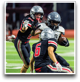 Three football players are standing on the field, one of them is smiling and wearing a black jersey with the number 55. AI generated content