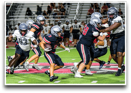 Three football players are standing on the field, one of them is smiling and wearing a black jersey with the number 55. AI generated content