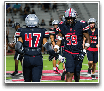 Three football players are standing on the field, one of them is smiling and wearing a black jersey with the number 55. AI generated content
