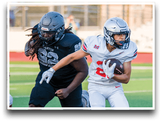 Three football players are standing on the field, one of them is smiling and wearing a black jersey with the number 55. AI generated content