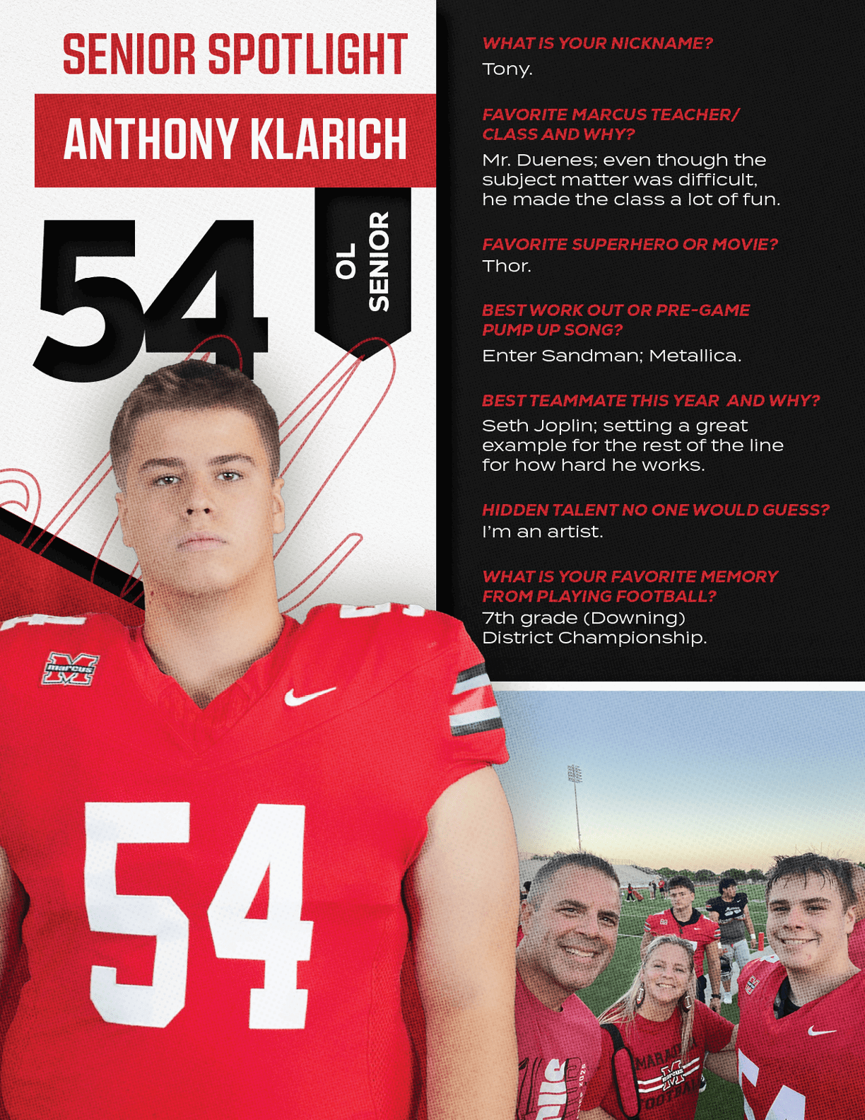An adult wearing a red sports jersey with the number 54 stands in front of a graphic with text highlighting a senior spotlight on Anthony Klarich alongside a smaller photo of three adults smiling on a sports field. Description generated by AI