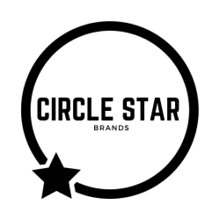 A black circular logo with the words “CIRCLE STAR BRANDS" inside and a solid black star attached to the bottom left of the circle. Description generated by AI