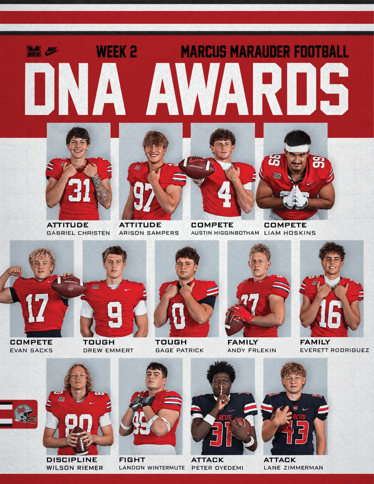 A graphic for Marcus Marauder Football Week 2 DNA Awards features a grid of adults in red football uniforms posing with footballs and making various gestures, each labeled with different award categories such as Attitude, Compete, Tough, Family, Discipline, Fight, and Attack. Description generated by AI