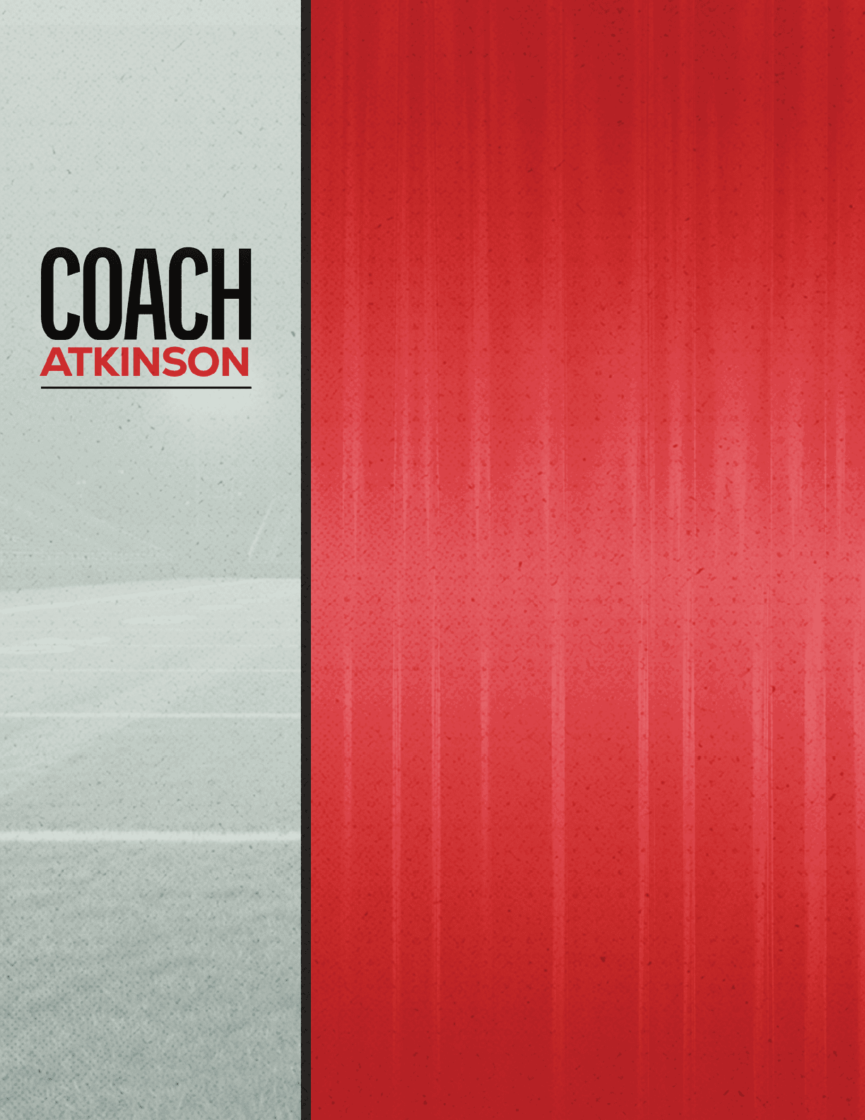 The image features the text “COACH ATKINSON" with "COACH" in black and "ATKINSON" in red underlined, set against a background split between a light gray textured left side and a red gradient right side. Description generated by AI