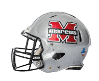 A silver football helmet with a black faceguard features a large red and white letter M with the word marcus across it and a small American flag decal on the back. Description generated by AI