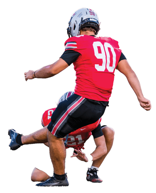 Three football players are standing on the field, one of them is smiling and wearing a black jersey with the number 55. AI generated content