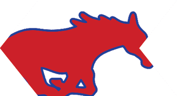 A stylized red silhouette of a running horse outlined in blue on a white background. Description generated by AI
