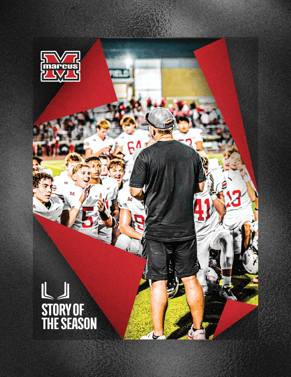 A person in casual sportswear stands on a football field facing a group of football players in white uniforms who are sitting and listening attentively during a team huddle. Description generated by AI