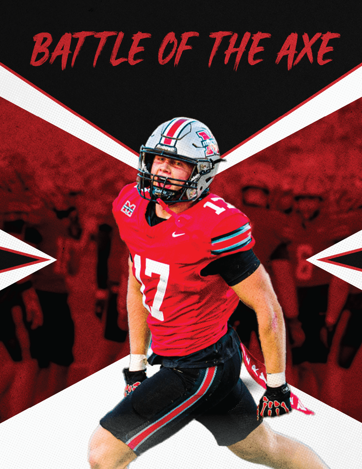 An adult in a red football uniform with the number 17 and a silver helmet is kneeling on one knee in front of a stylized background with the text “BATTLE OF THE AXE." Description generated by AI