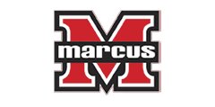 A bold red letter M outlined in black and white with the word marcus in lowercase white letters on a black rectangular background across the middle. Description generated by AI