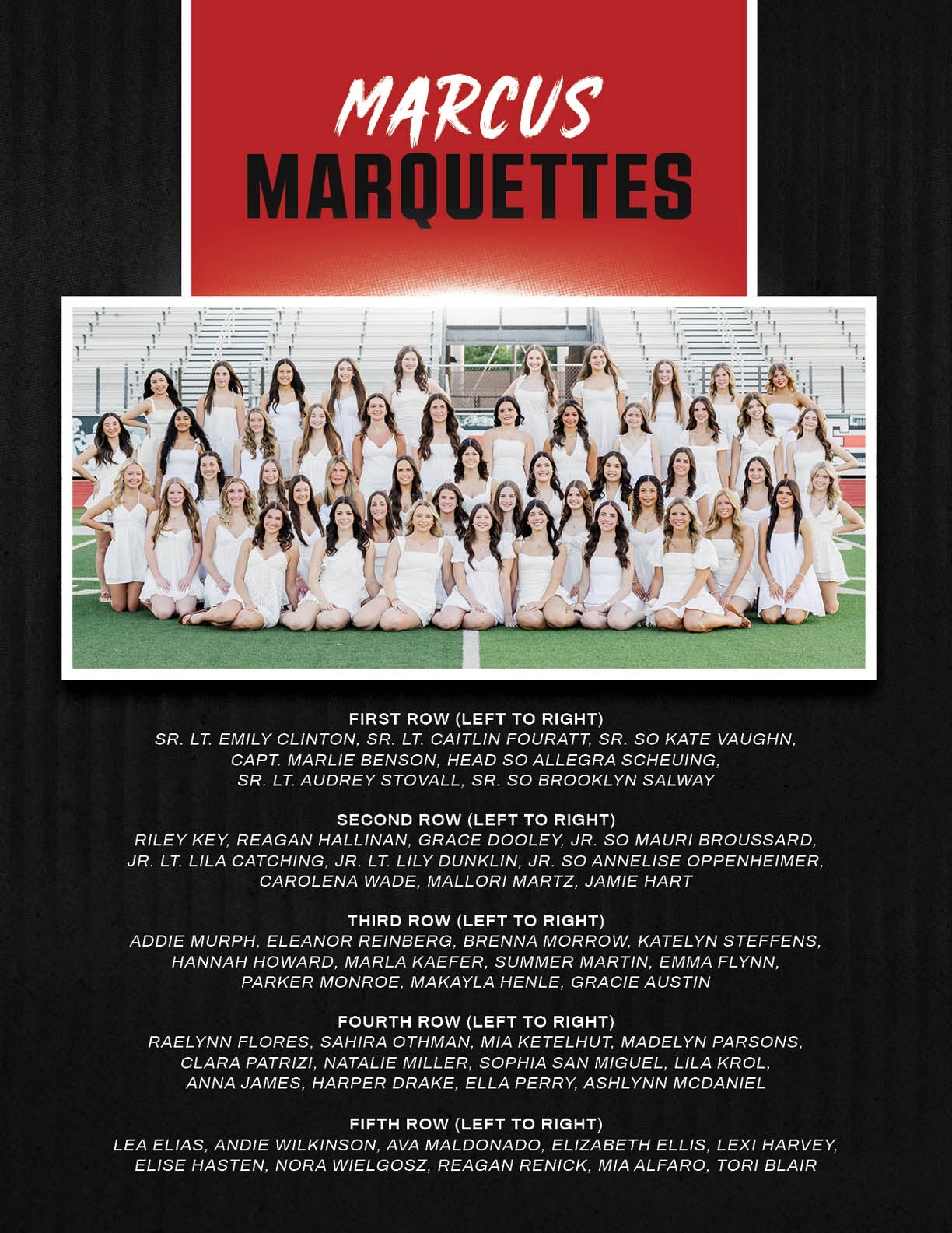 A large group of people dressed in white dresses are posing together on a sports field with bleachers in the background. Description generated by AI
